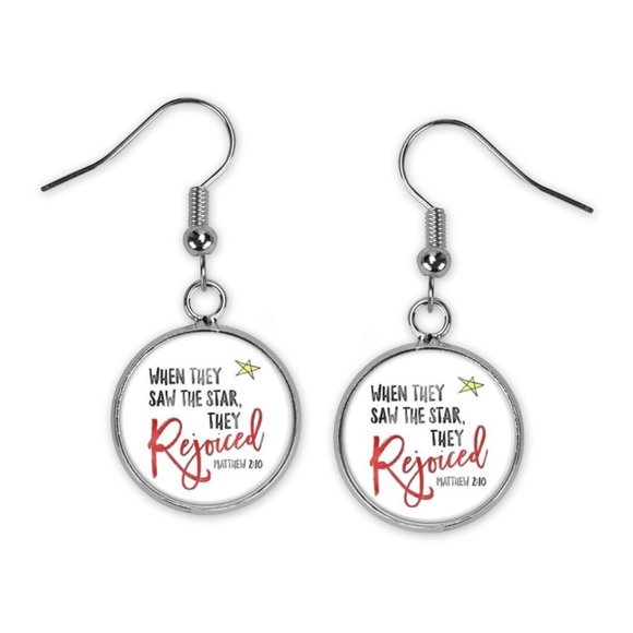 Saw the Star and Rejoiced Christmas Faith Glass Dangle Earrings Silver Gift Idea - Picture 2 of 2